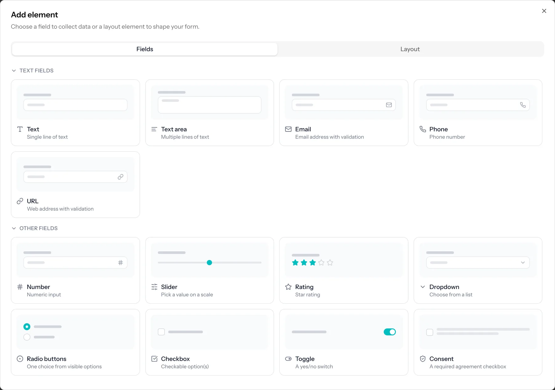 The add element dialog, showing every field type next to a small picture of what it looks like.