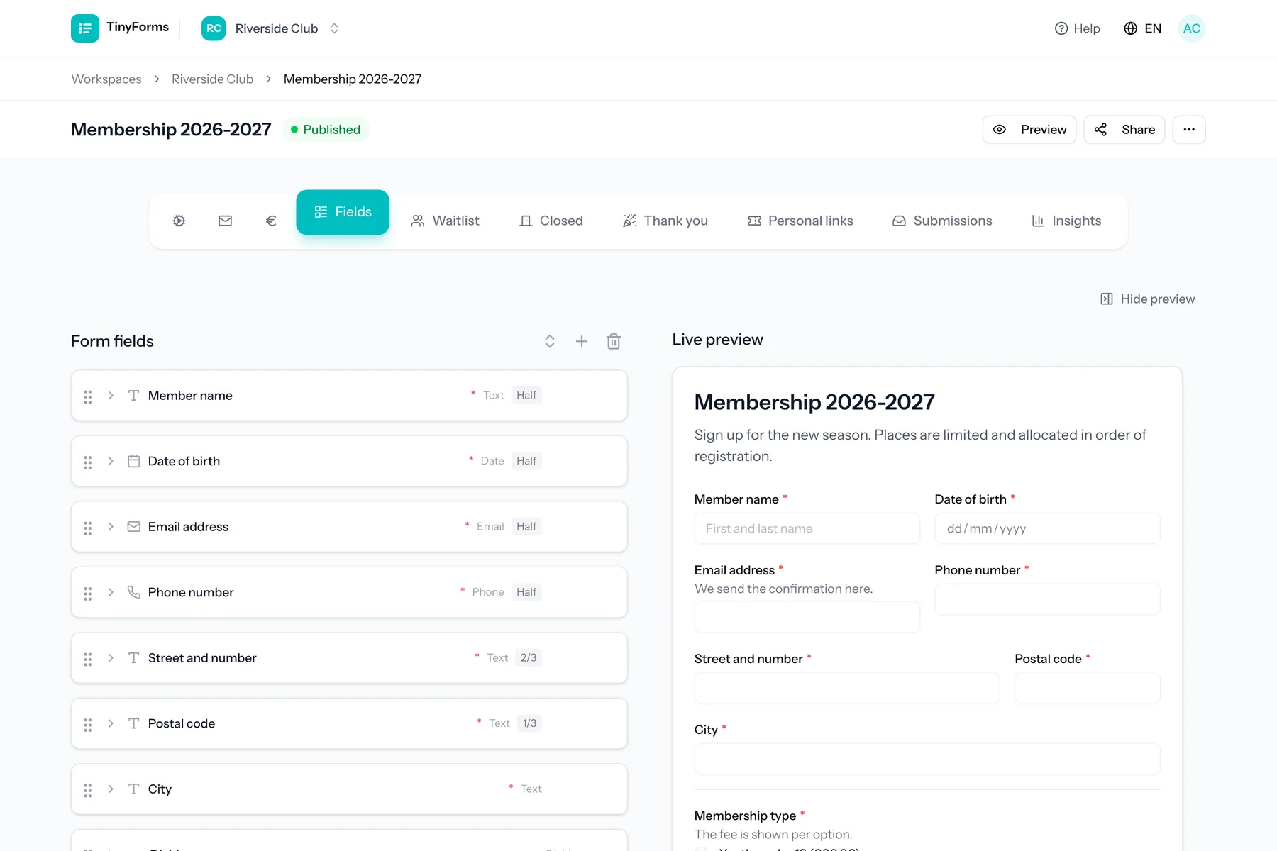 The form builder with the field list on the left and a live preview on the right.