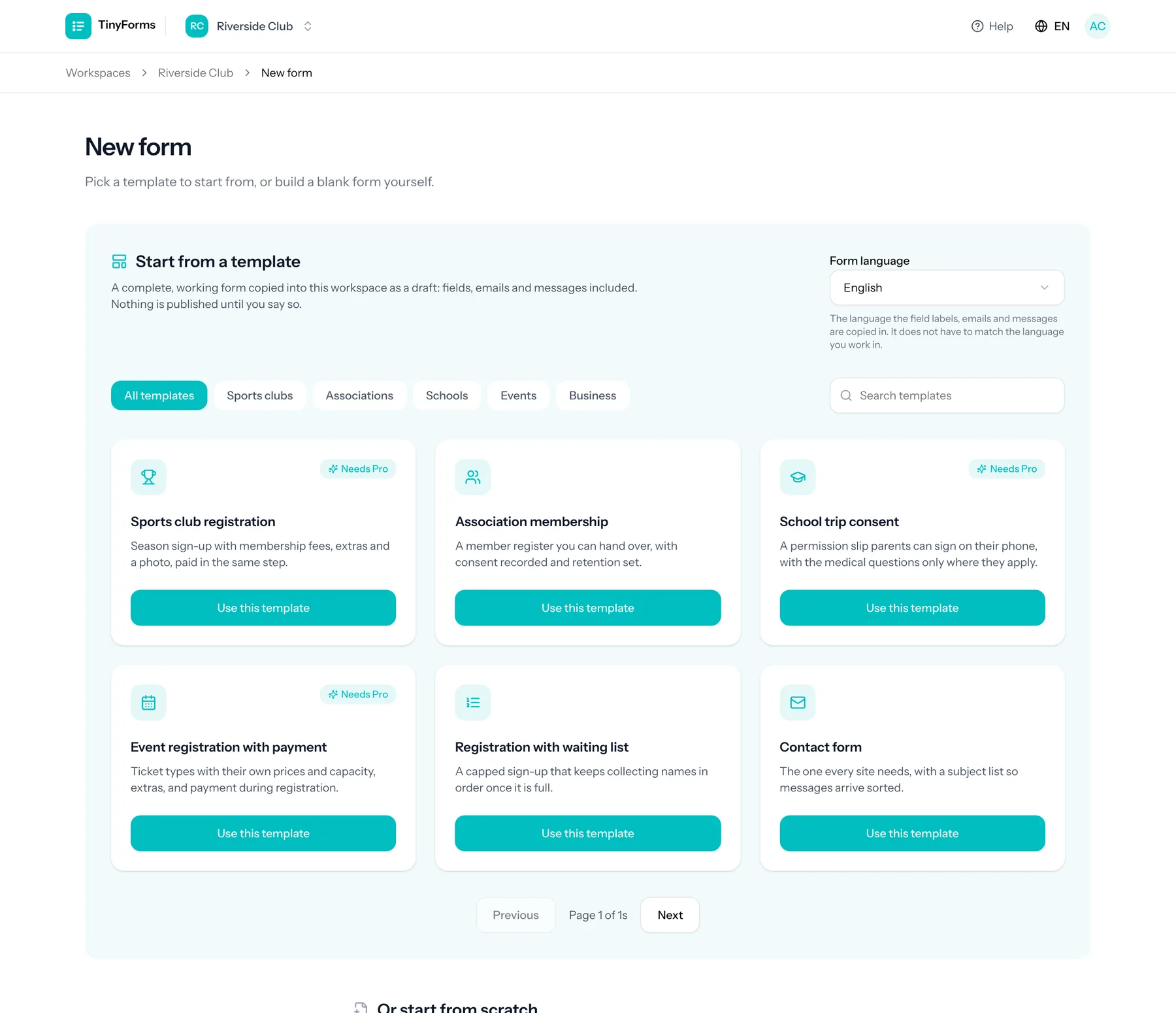 The template picker inside a workspace, with a language selector and a card per template.