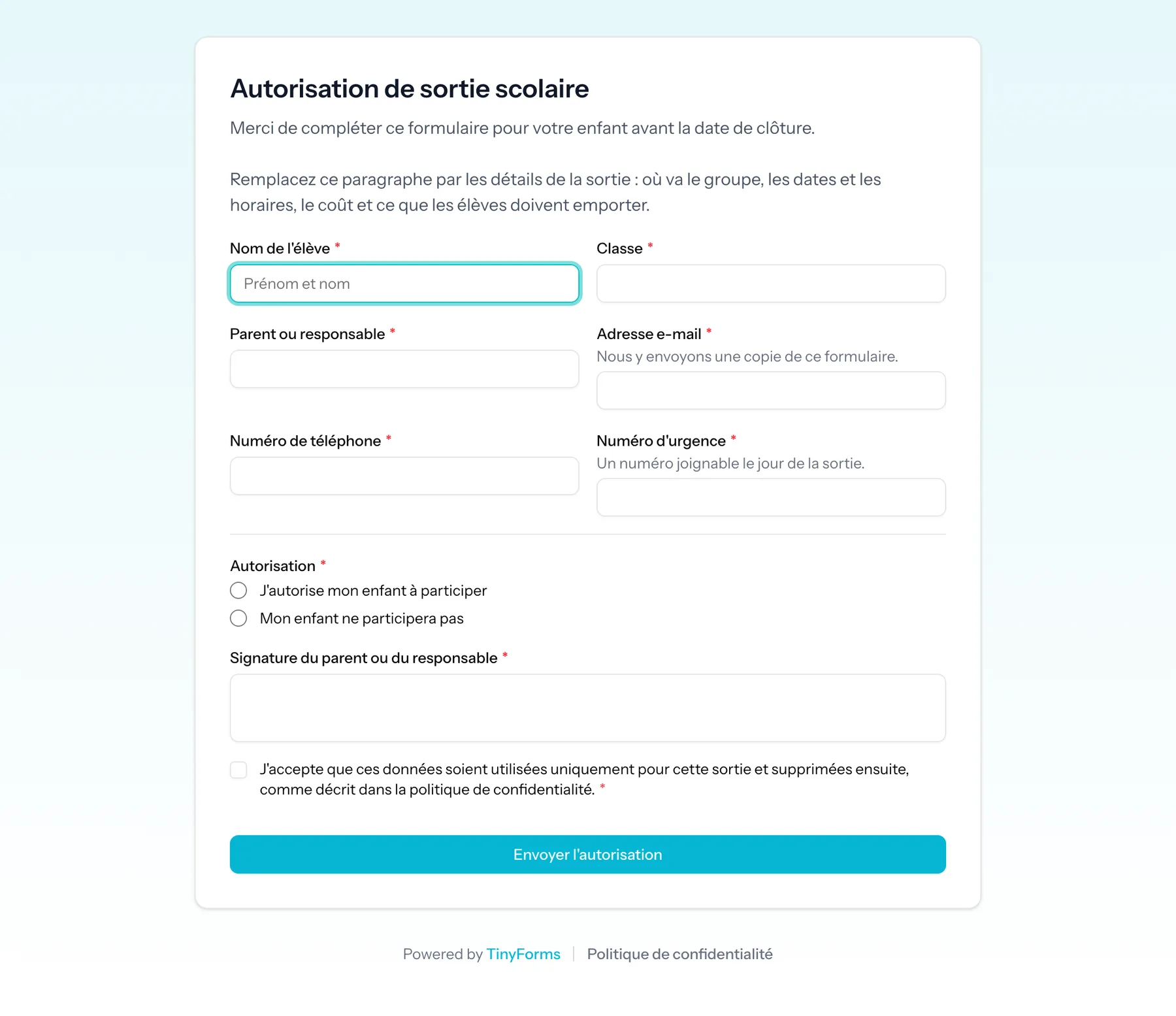 A public school trip permission form entirely in French.