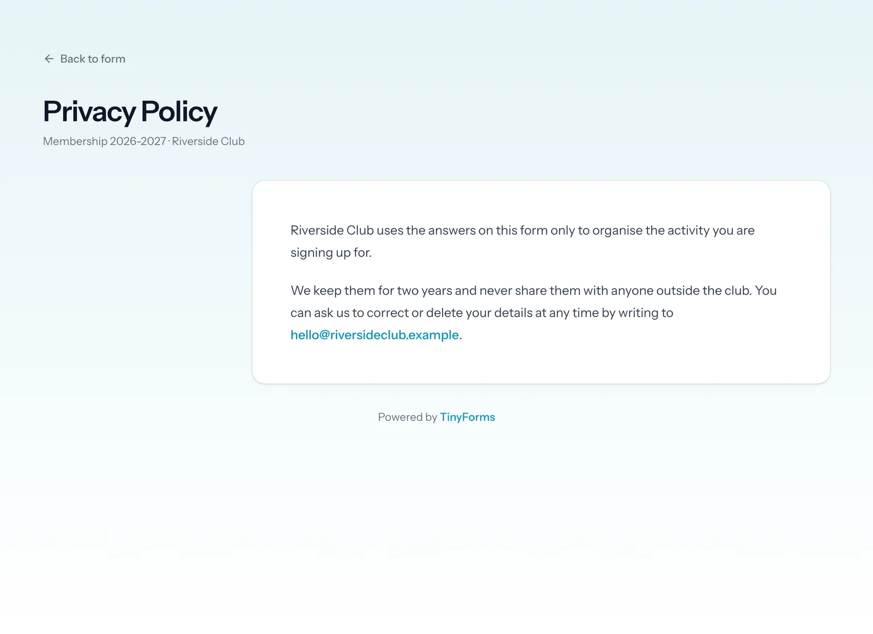 The privacy page of a public form, explaining what happens to the answers.