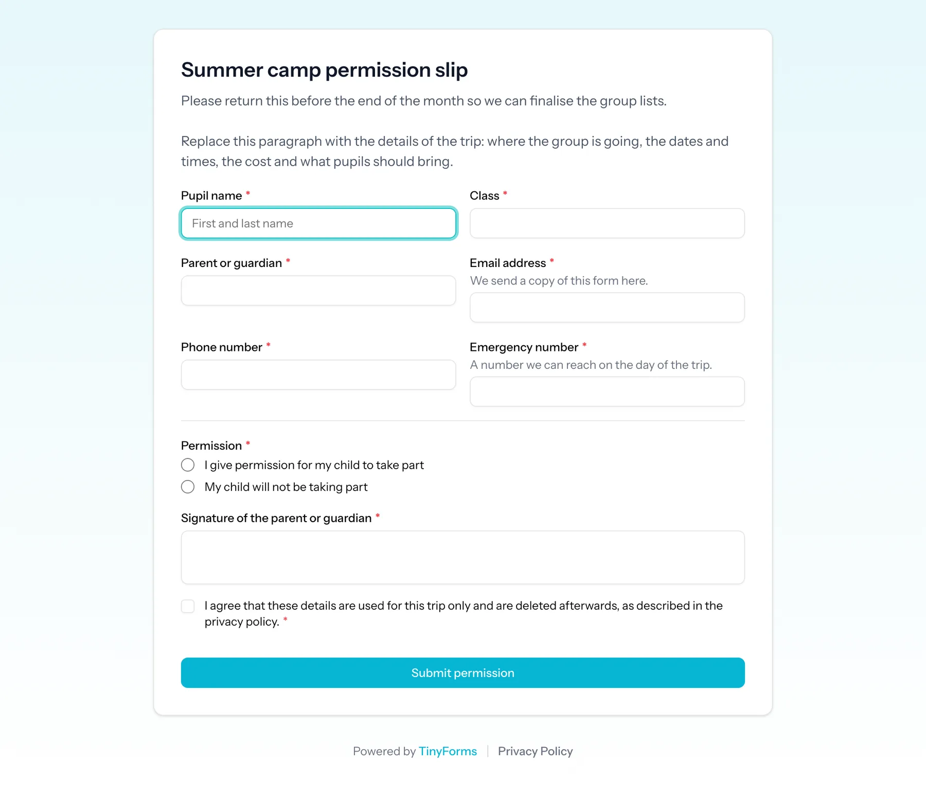 A public permission slip with pupil details, a permission question and a signature field.