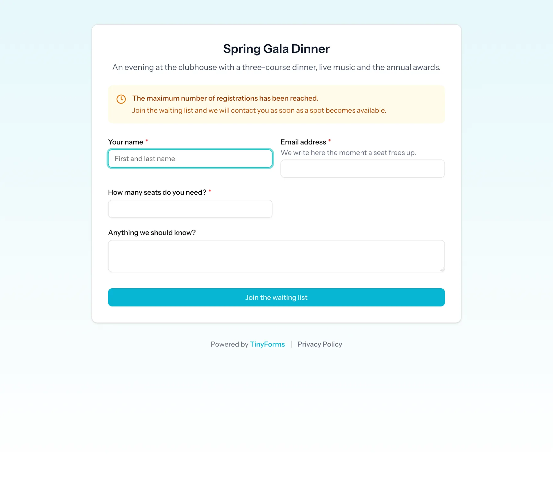 A public form that is full, showing a notice and a button to join the waiting list.