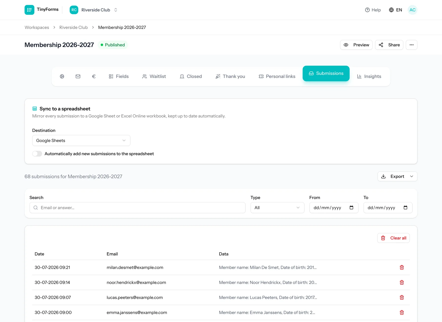 A list of submissions with a search box, filters and an export button.