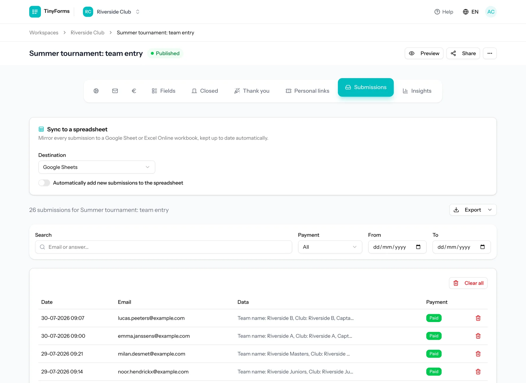 A list of submissions with a payment column showing which registrations are paid.