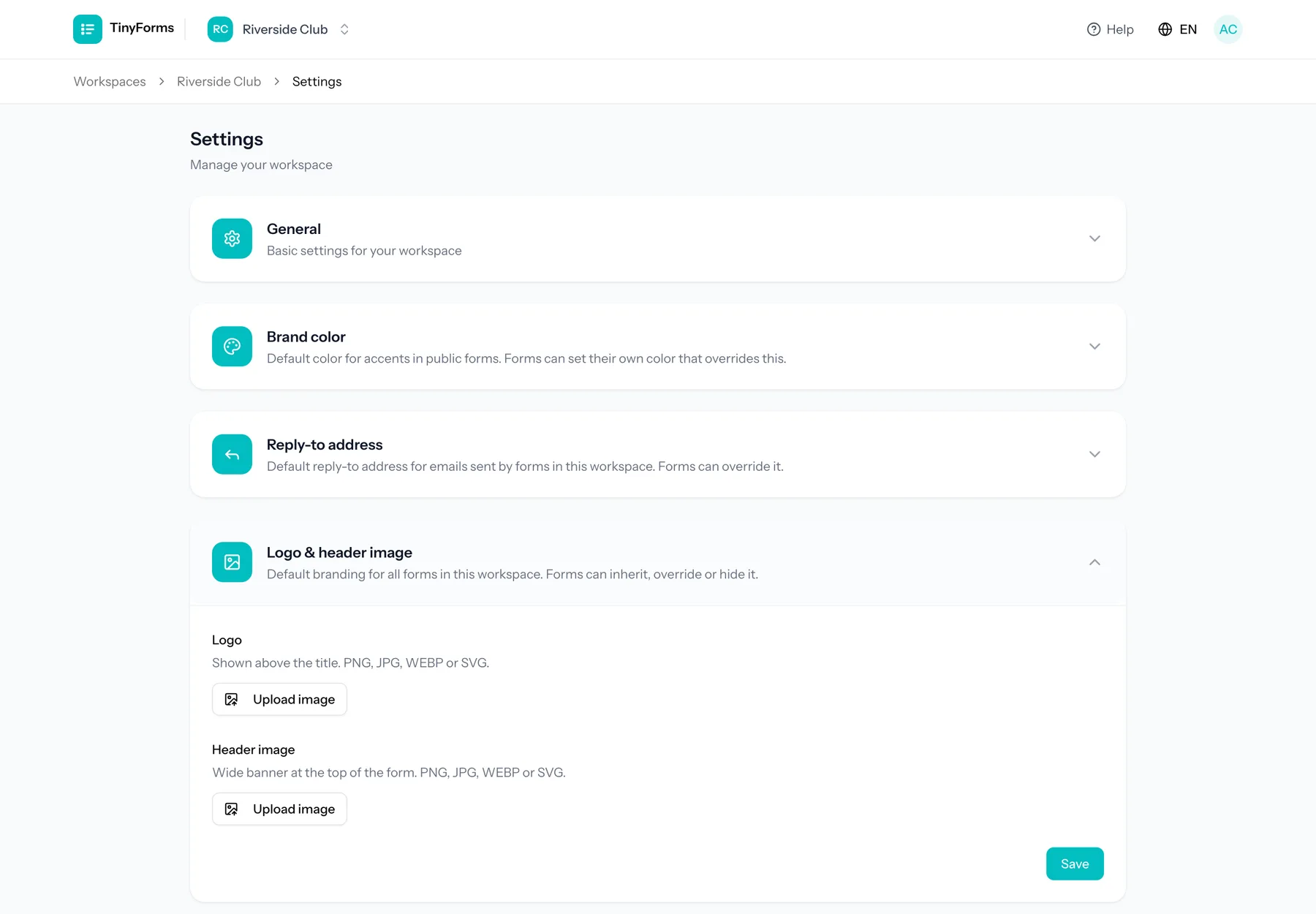 The logo and header image section of the workspace settings, opened.