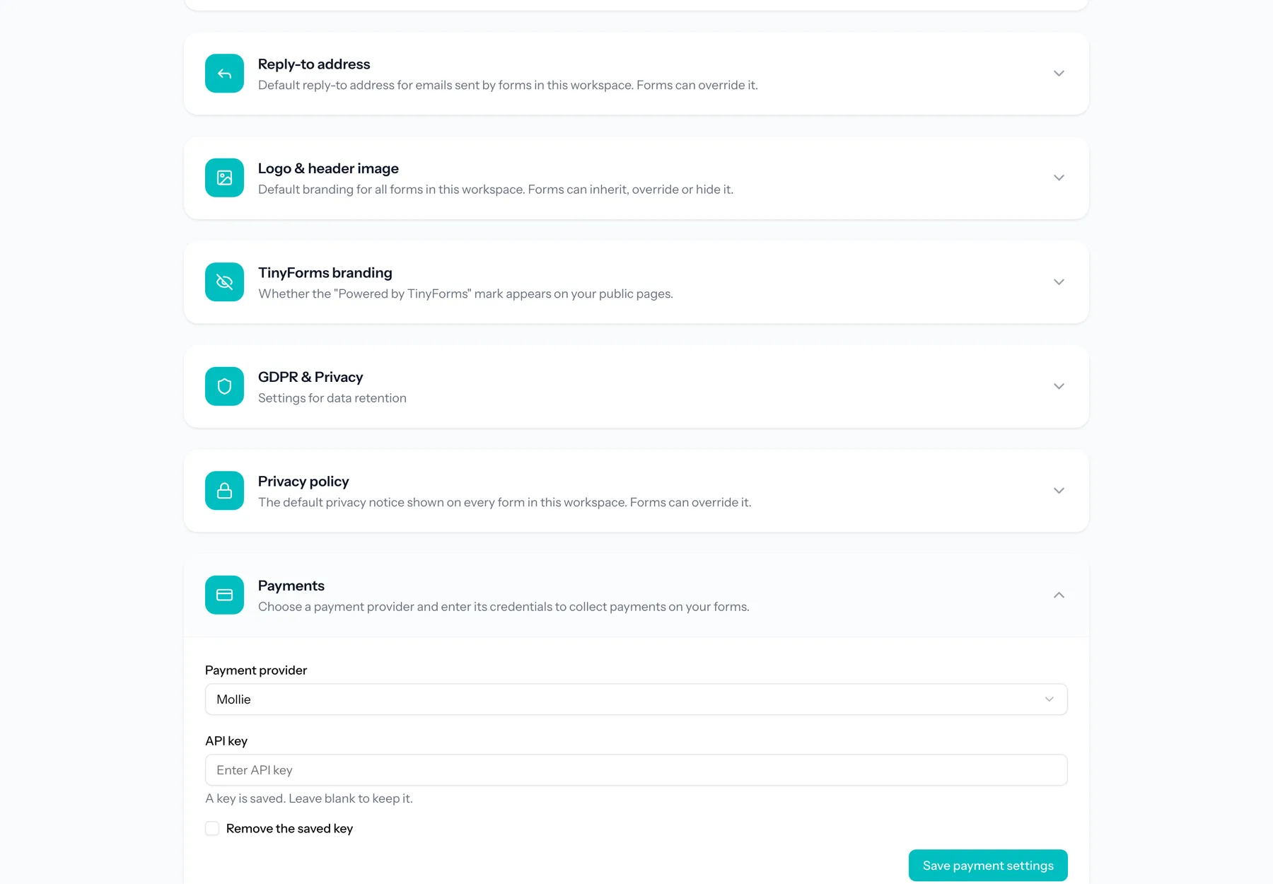 The payments section of the workspace settings, where a provider and its credentials are entered.