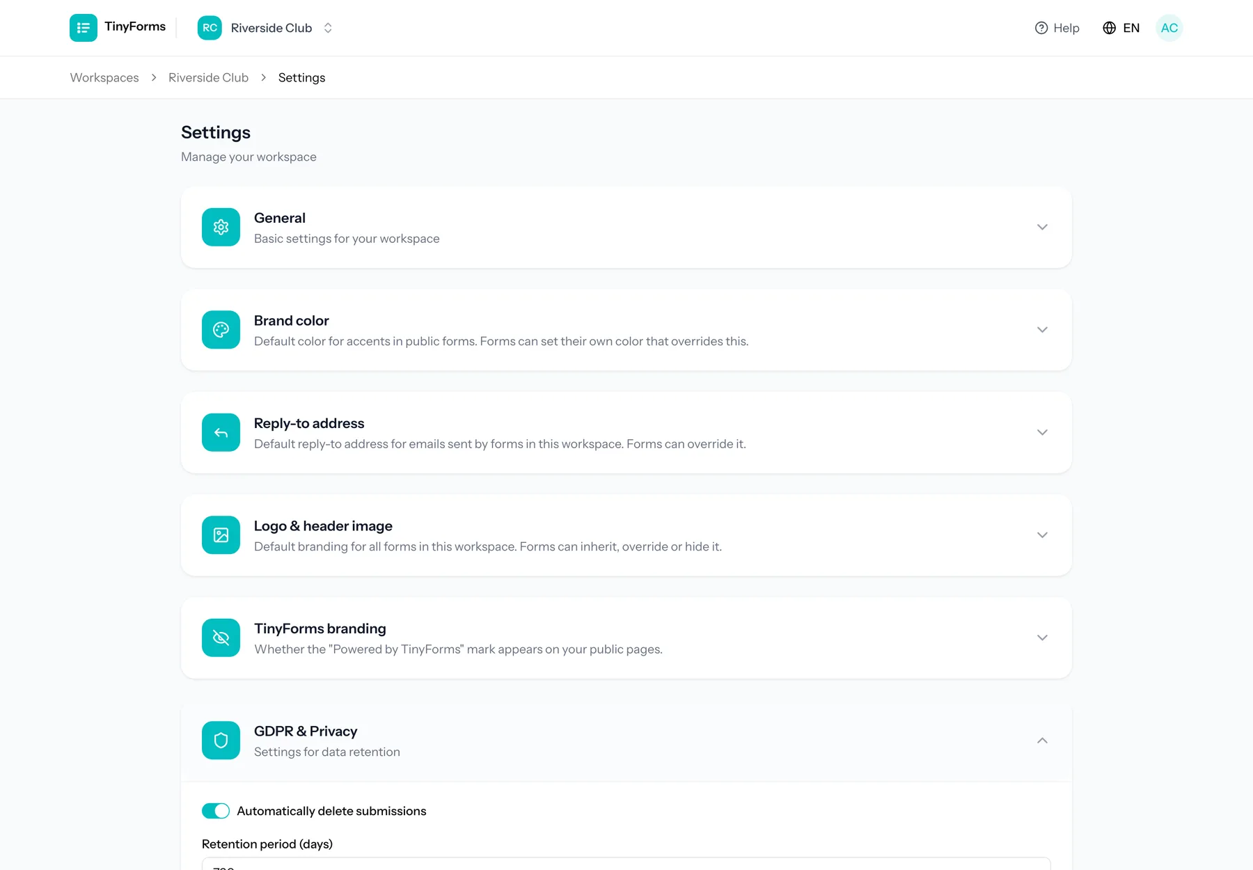 Workspace settings showing the data retention and privacy policy sections.